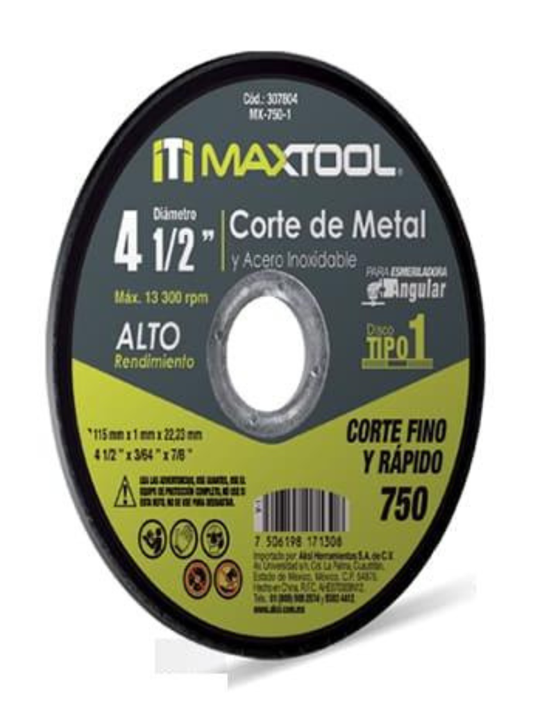 Disco corte de metal 4 1/2&quot; x 1.6mm, TIPO 1 Maxtool