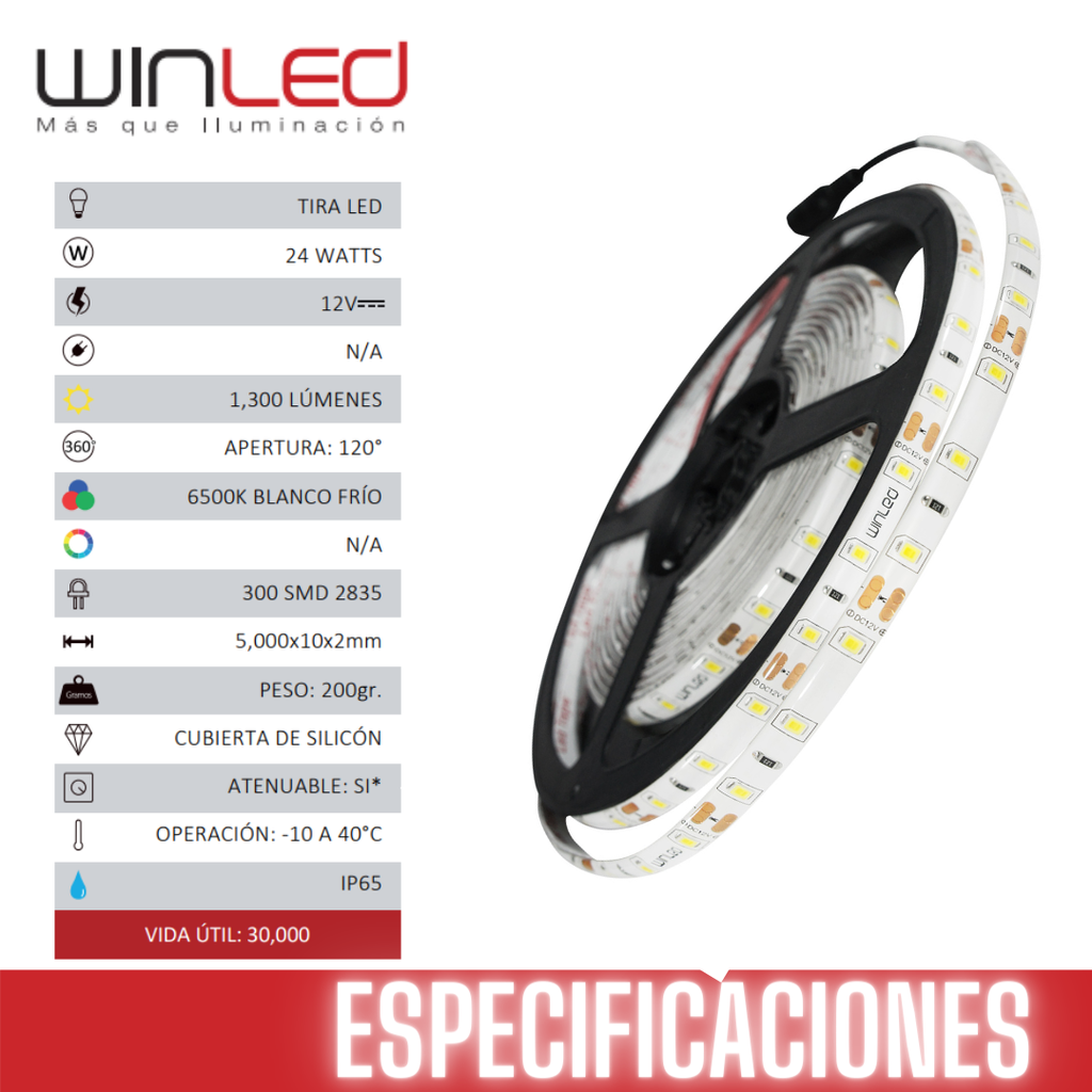 Tira LED Blanco Frío 2835 5Mts p/Exterior. WTI-006 24W – LZ Comercializadora